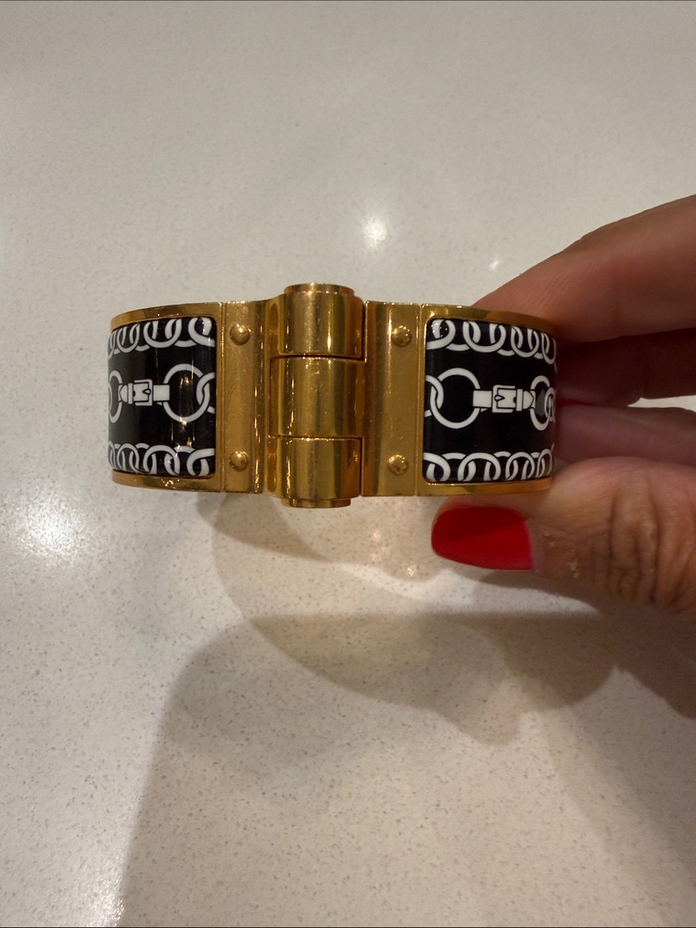 Hermes Gold, Black & White Enamel Hinged Cuff Bracelet